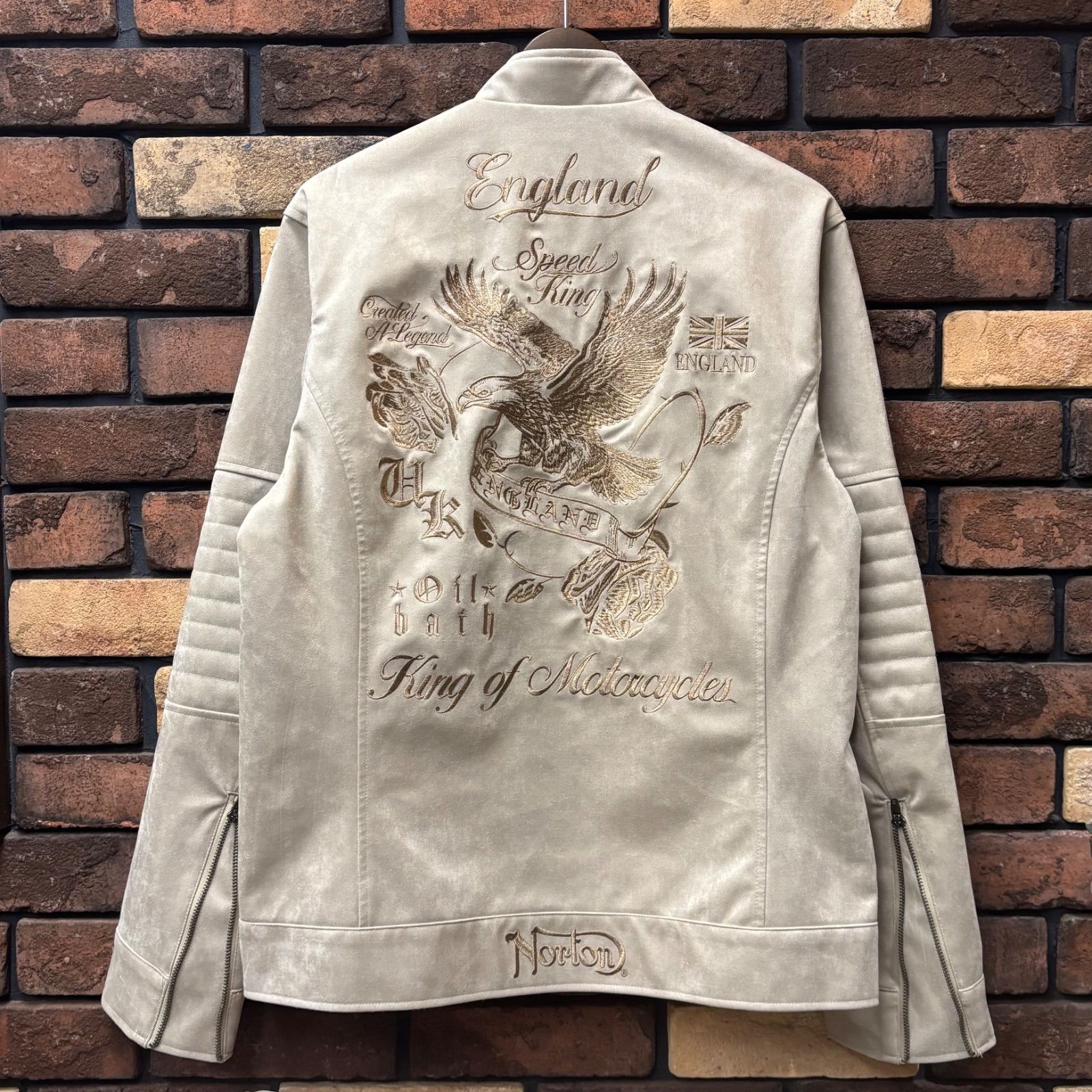 Norton ノートン フェイクスウェードシングルライダース スエード ジャケット 刺繍 ロゴ イーグル ローズ アウター バイク バイカー ツーリング アメカジ カジュアル シンプル ユニセックス 253N1600 ベージュ
