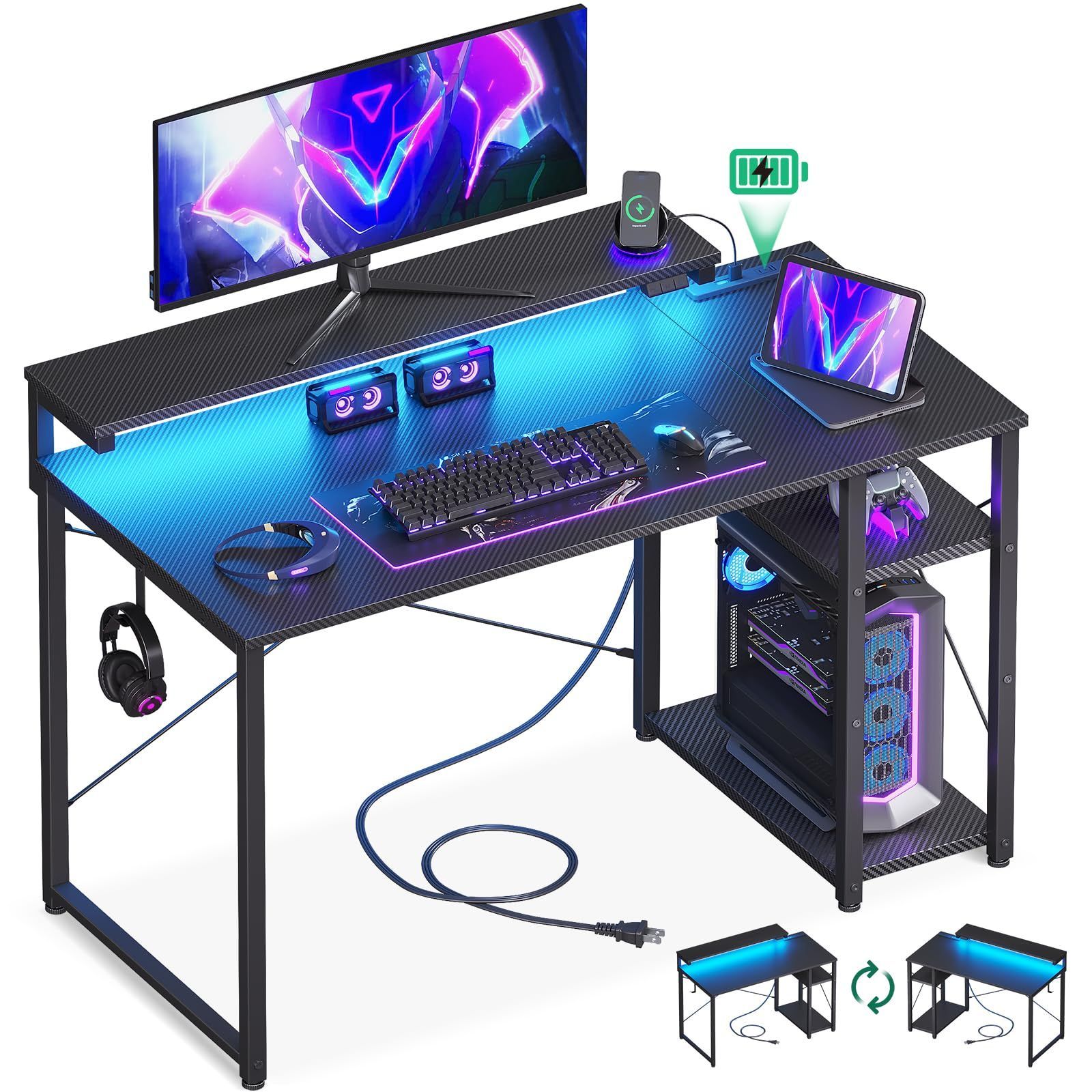 商品 AODK ゲーミングデスク パソコンデスク ラック-コンセント付き 幅100cm 机 pcデスク ゲームデスク gaming desk モニター台-LED付き ゲーミングテーブル 左右入れ替え対応 カーボン調ブラック