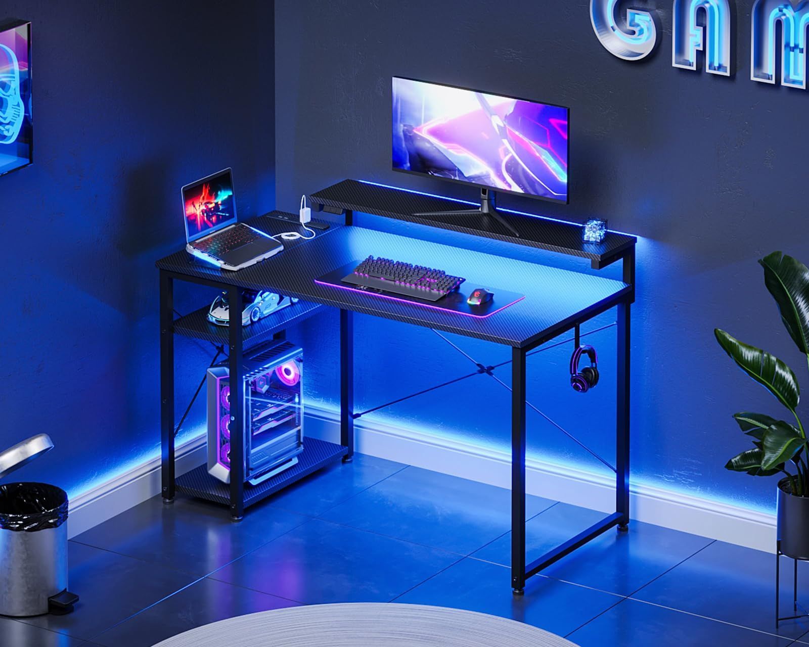 商品 AODK ゲーミングデスク パソコンデスク ラック-コンセント付き 幅100cm 机 pcデスク ゲームデスク gaming desk モニター台-LED付き ゲーミングテーブル 左右入れ替え対応 カーボン調ブラック