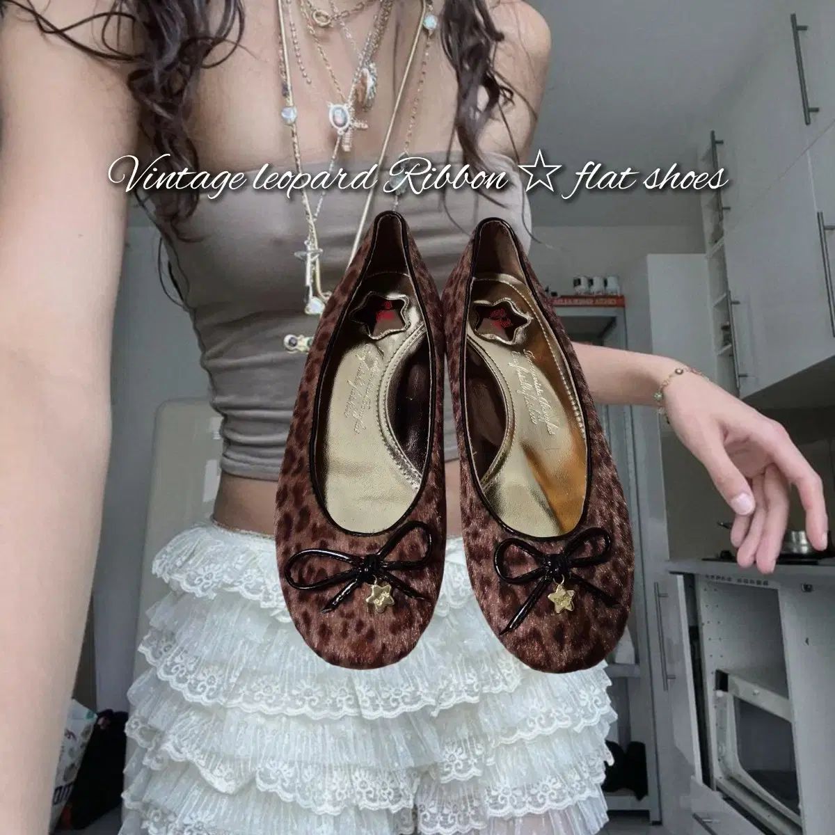 ヴィンテージレオパードリボン フラットシューズ