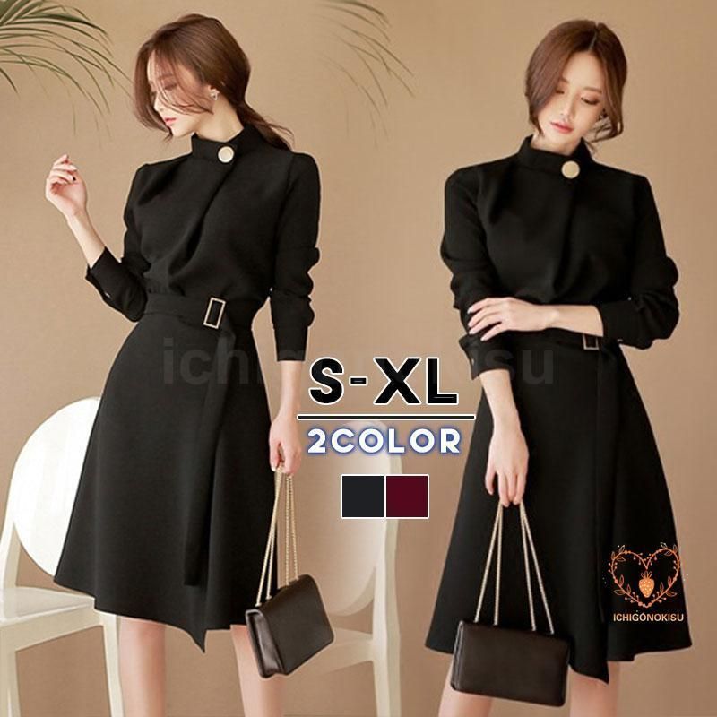 ワンピース レディース 立ち襟 きれいめ Aライン ハイウエスト 着痩せ シンプル 卒業式 入学式 秋 春 女子会 通勤 フォーマル かわいい 上