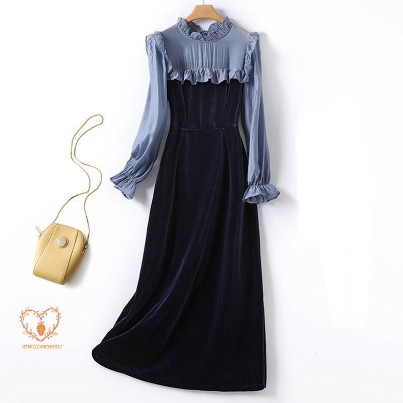 感溢れるベルベット素材のロング丈ワンピース レディース 長袖 フリル入り 着痩せ 春 秋 冬 マキシ丈 切り替えデザイン 柔らかい 上質