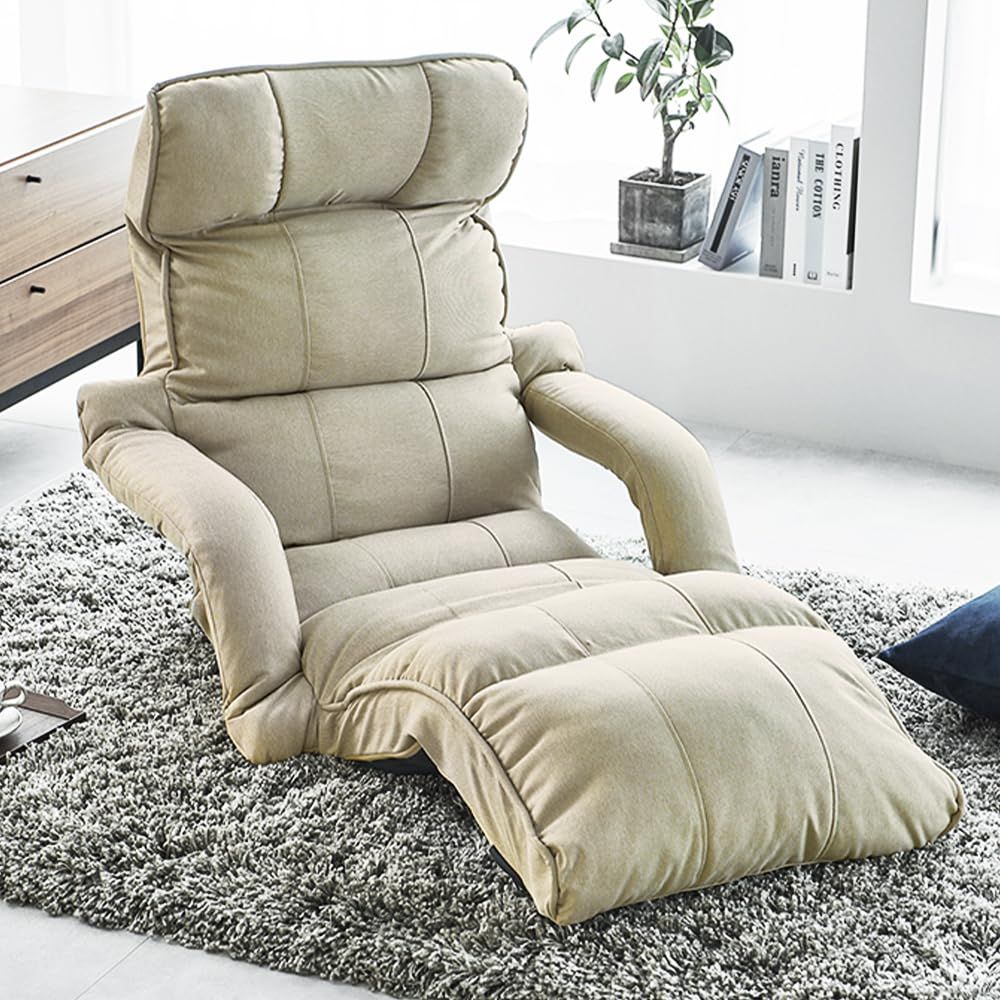 アイリスプラザ 座椅子 アイボリー 肘掛け付き 脚置き リクライニング 42段階 幅78×奥行123×高さ84㎝ YCK-002