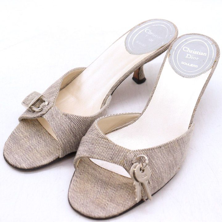 クリスチャンディオール ミュール 南京錠 チャーム付 サンダル ブランド 靴 イタリア製 レディース グレー Christian Dior