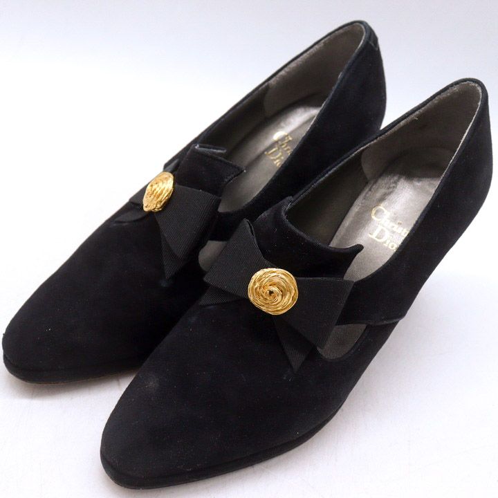 クリスチャンディオール パンプス ブーティ リボン ハイヒール 本革 レザー 靴 日本製 レディース 5.5サイズ ブラック Christian Dior