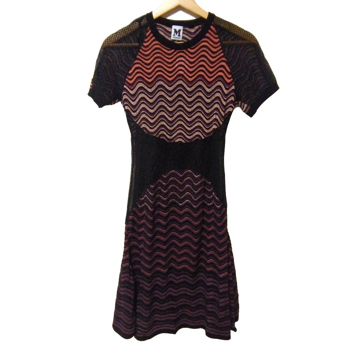 ミッソーニ ワンピース サイズ42 M レディース - 黒×パープル×マルチ クルーネック|半袖|ひざ丈|ニット|ボーダー|ラメ|メッシュ