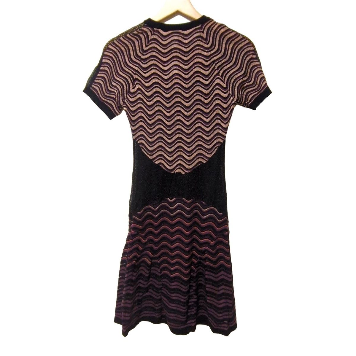 ミッソーニ ワンピース サイズ42 M レディース - 黒×パープル×マルチ クルーネック|半袖|ひざ丈|ニット|ボーダー|ラメ|メッシュ