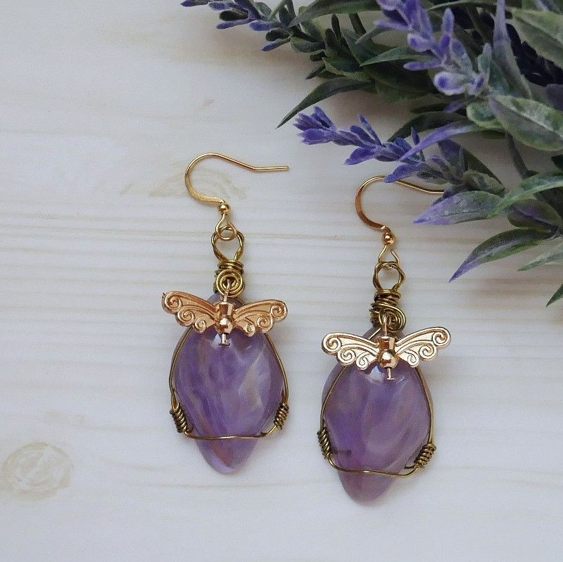 カボション マーブル模様 エンジェル ウィング ピアス イヤリング