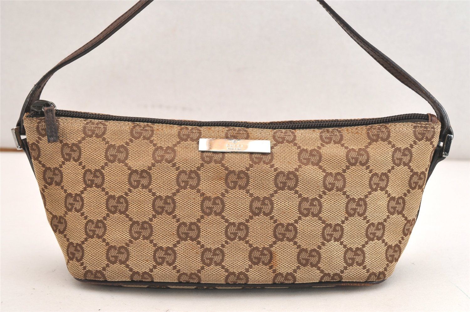 GUCCI グッチ ヴィンテージ ハンドバッグポーチ 財布 GGキャンバス レザー 07198 ブラウン 3980N