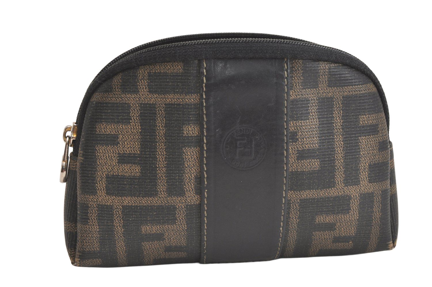 FENDI フェンディ ズッカ柄 ヴィンテージ ポーチ 財布 ピーブイシー レザー ブラウン ブラック ジャンク 3996N