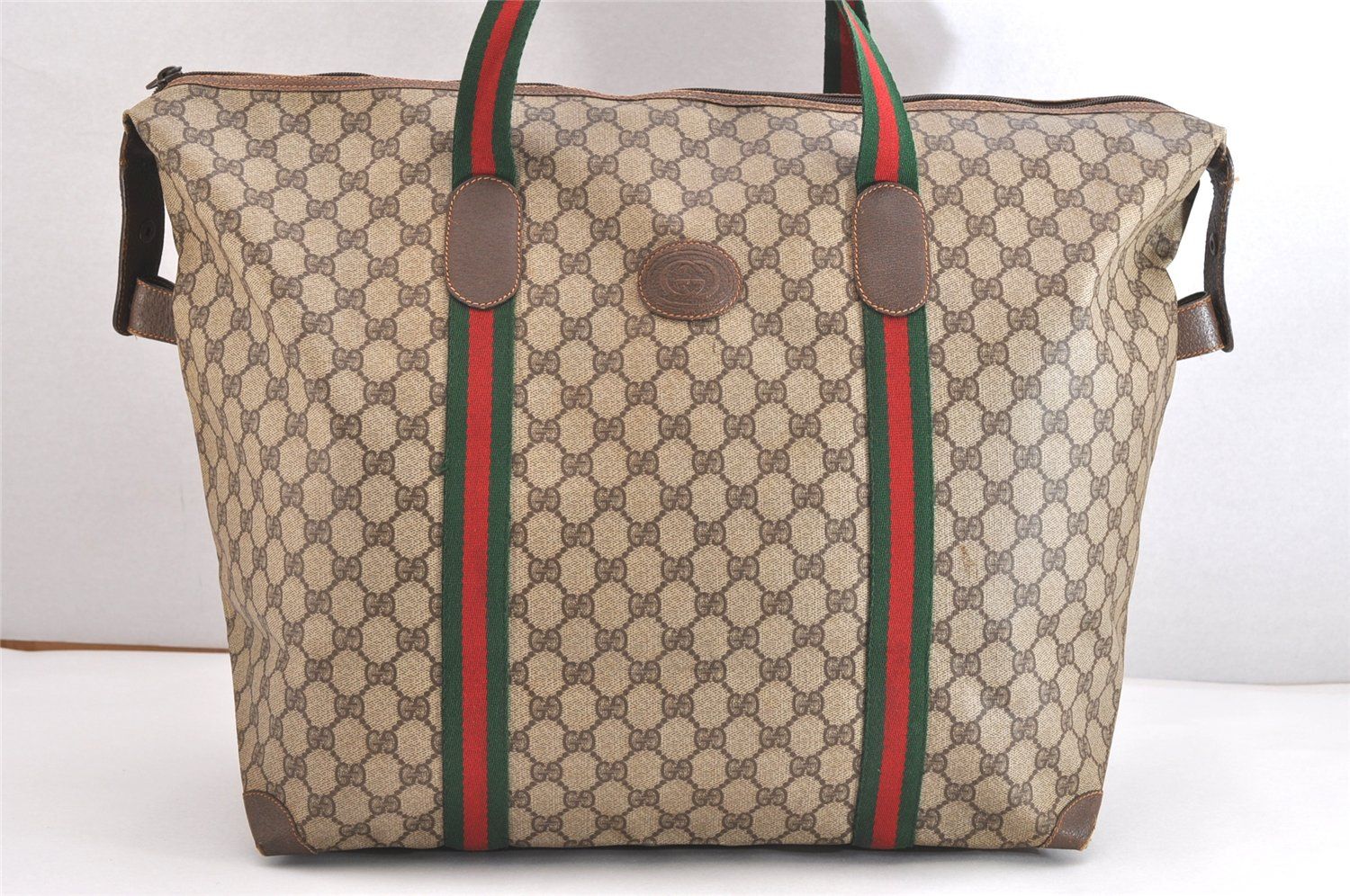GUCCI グッチ ウェブ シェリーライン トラベルボストンバッグ GGピーブイシー レザー ブラウン 4039N