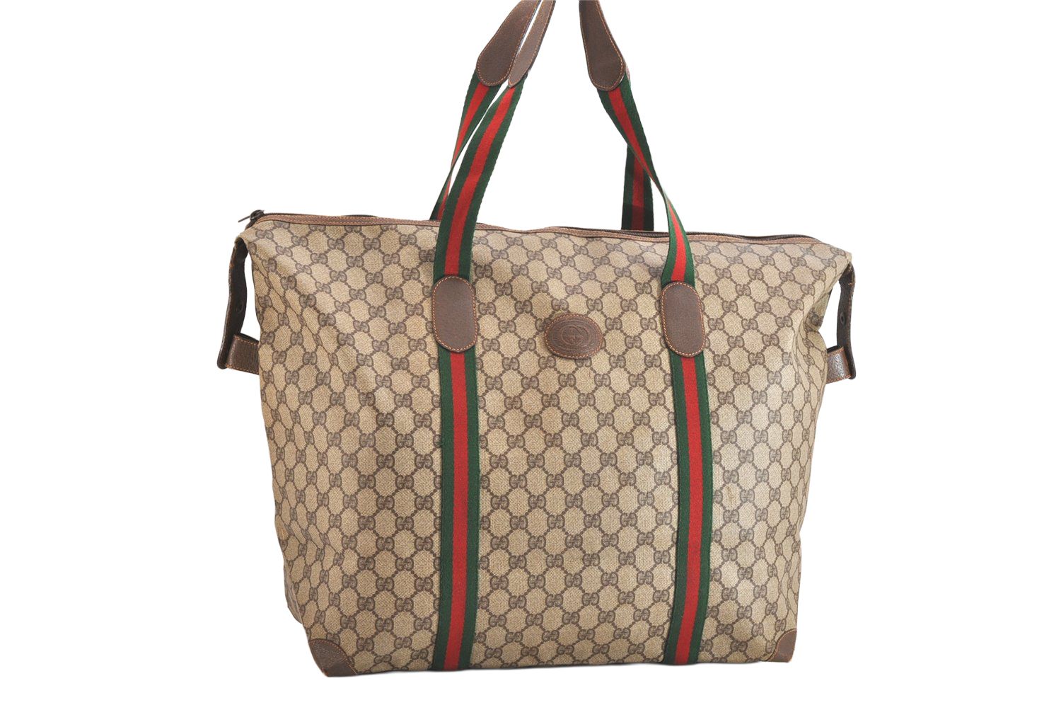 GUCCI グッチ ウェブ シェリーライン トラベルボストンバッグ GGピーブイシー レザー ブラウン 4039N