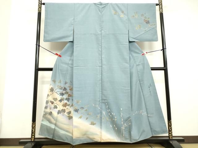 平和屋着物●二代目清次郎　手描き　訪問着　紬地　葡萄蔦の葉文　金彩　正絹　逸品　DAAU0736tw 平和屋着物○二代目清次郎 手描き 訪問着 紬地 葡萄蔦の葉