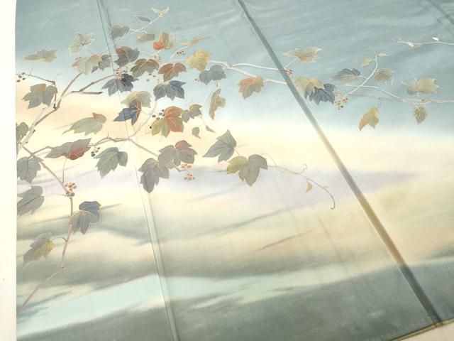 平和屋着物○二代目清次郎 手描き 訪問着 紬地 葡萄蔦の葉文 金彩 正絹