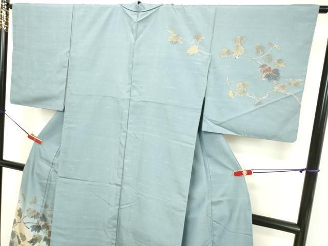 平和屋着物●二代目清次郎　手描き　訪問着　紬地　葡萄蔦の葉文　金彩　正絹　逸品　DAAU0736tw 平和屋着物○二代目清次郎 手描き 訪問着 紬地 葡萄蔦の葉文 金彩 正絹