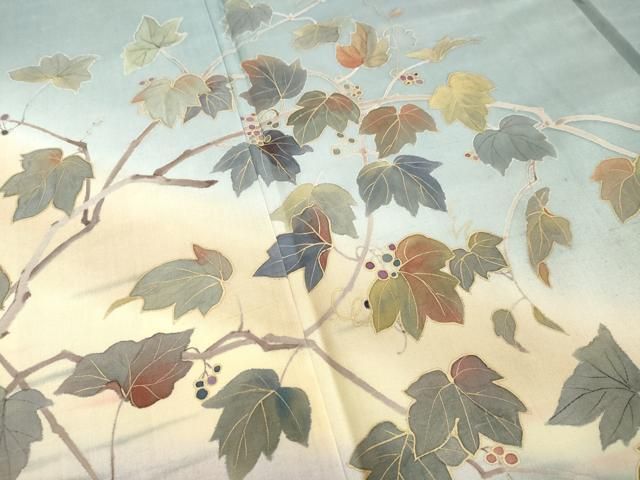 平和屋着物○二代目清次郎 手描き 訪問着 紬地 葡萄蔦の葉文 金彩 正絹