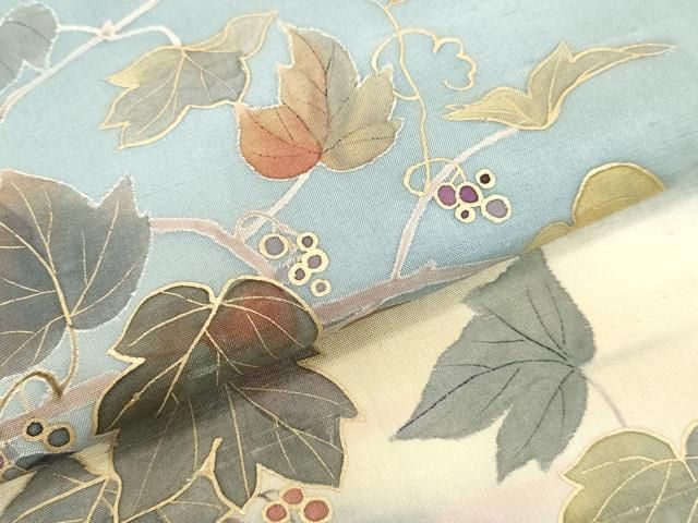 平和屋着物○二代目清次郎 手描き 訪問着 紬地 葡萄蔦の葉文 金彩 正絹