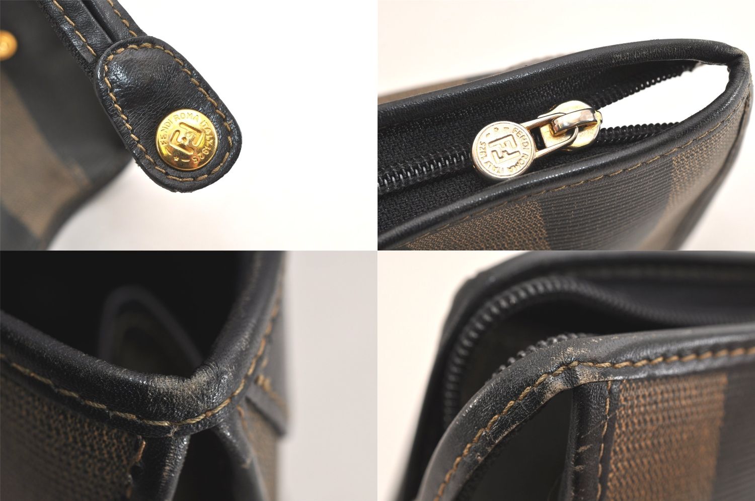 FENDI フェンディ ぺカン クラッチハンドバッグ 財布 ピーブイシー レザー ブラウン ブラック 4050N DECORATOM_COM_BR