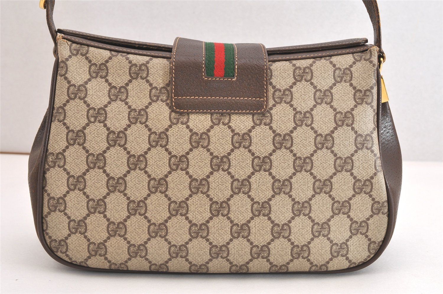 GUCCI グッチ ウェブ シェリーライン ショルダーハンドバッグ GGピーブイシー レザー ブラウン 4052N DECORATOM_COM_BR