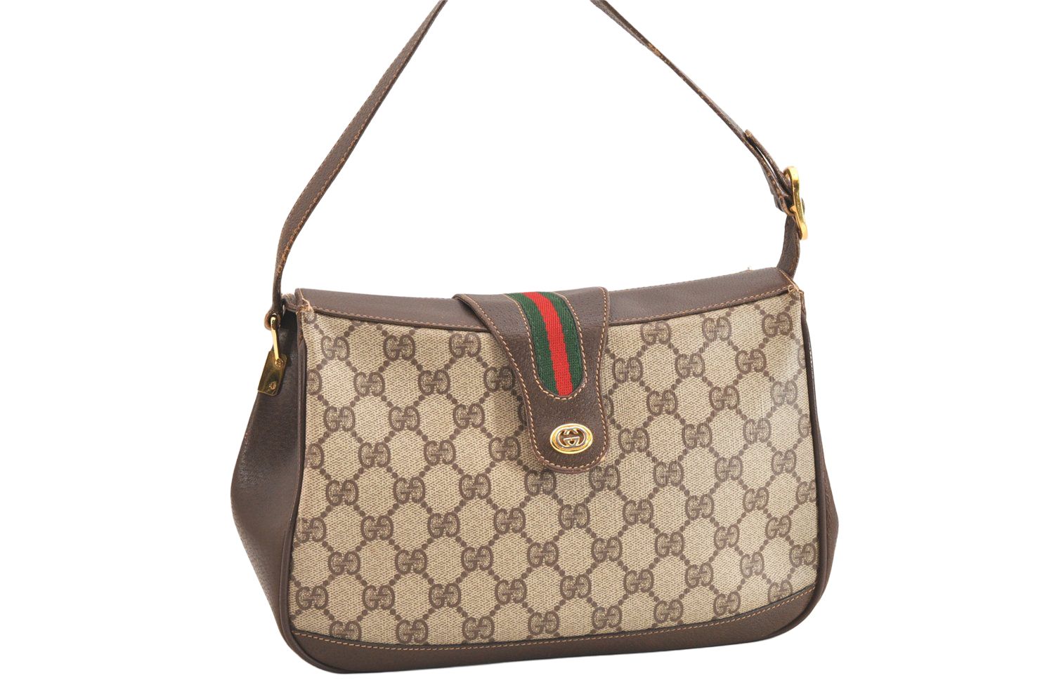 GUCCI グッチ ウェブ シェリーライン ショルダーハンドバッグ GGピーブイシー レザー ブラウン 4052 N