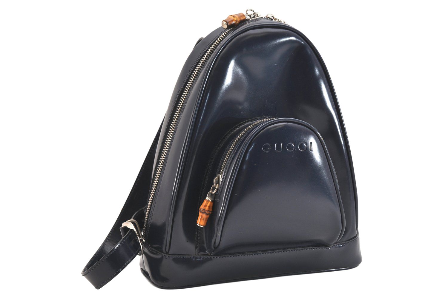 GUCCI グッチ バンブー ヴィンテージ ショルダーバッグ 財布 エナメル ネイビーブルー ジャンク 4054N