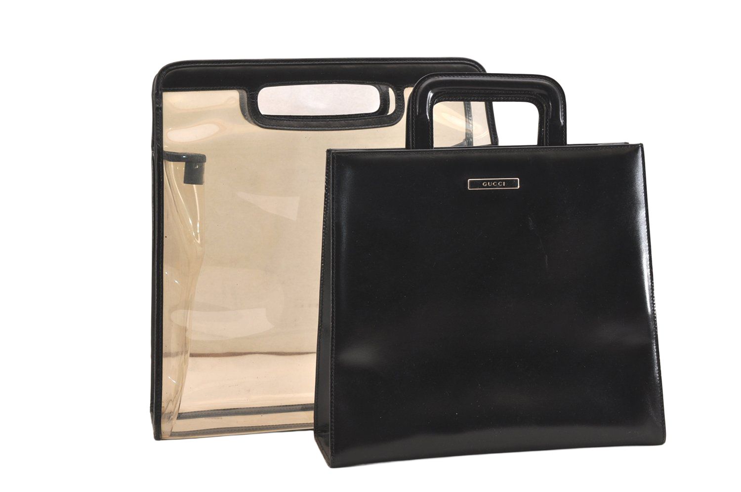 GUCCI グッチ ヴィンテージ ツーインワン ハンドバッグ ビニール レザー クリア ブラック ジャンク 4055N