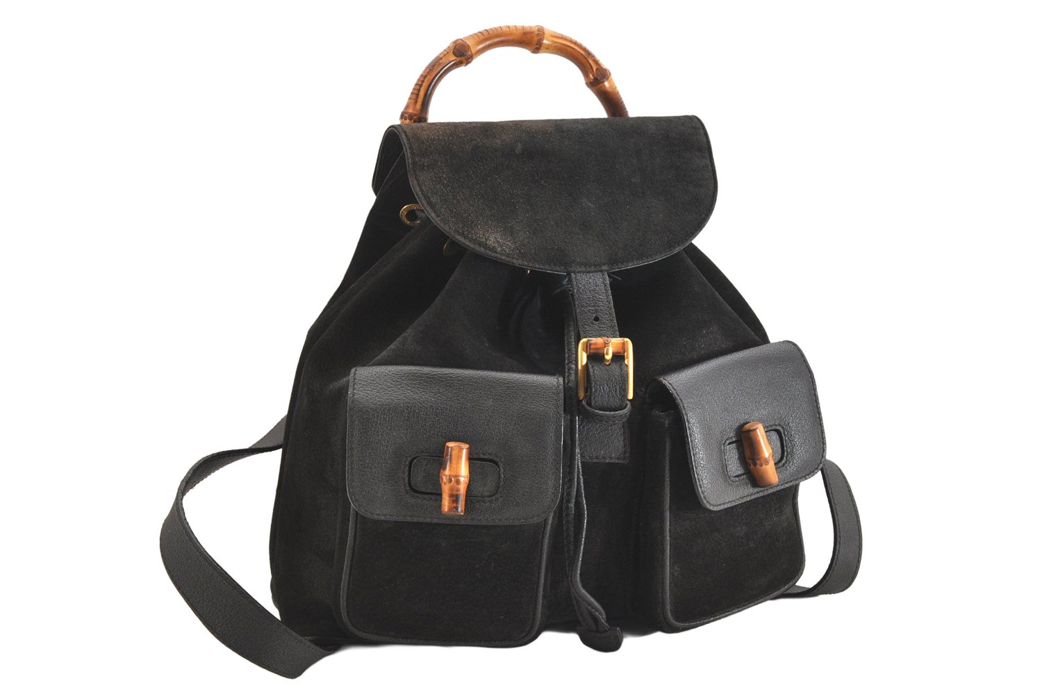 GUCCI グッチ バンブー ヴィンテージ 巾着型 バックパック スエード レザー ブラック 4056N