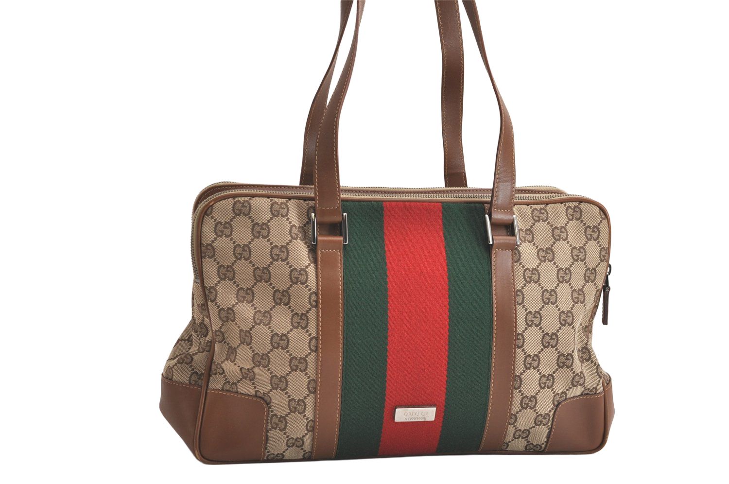 GUCCI グッチ ウェブ シェリーライン ショルダーハンドバッグ GGキャンバス レザー ブラウン 4084N