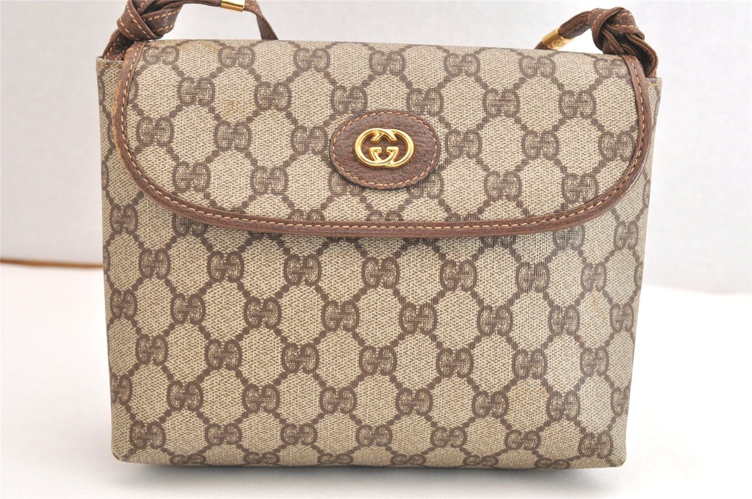 GUCCI グッチ ヴィンテージ ショルダークロスボディーバッグ 財布 GGピーブイシー レザー ブラウン 4096N