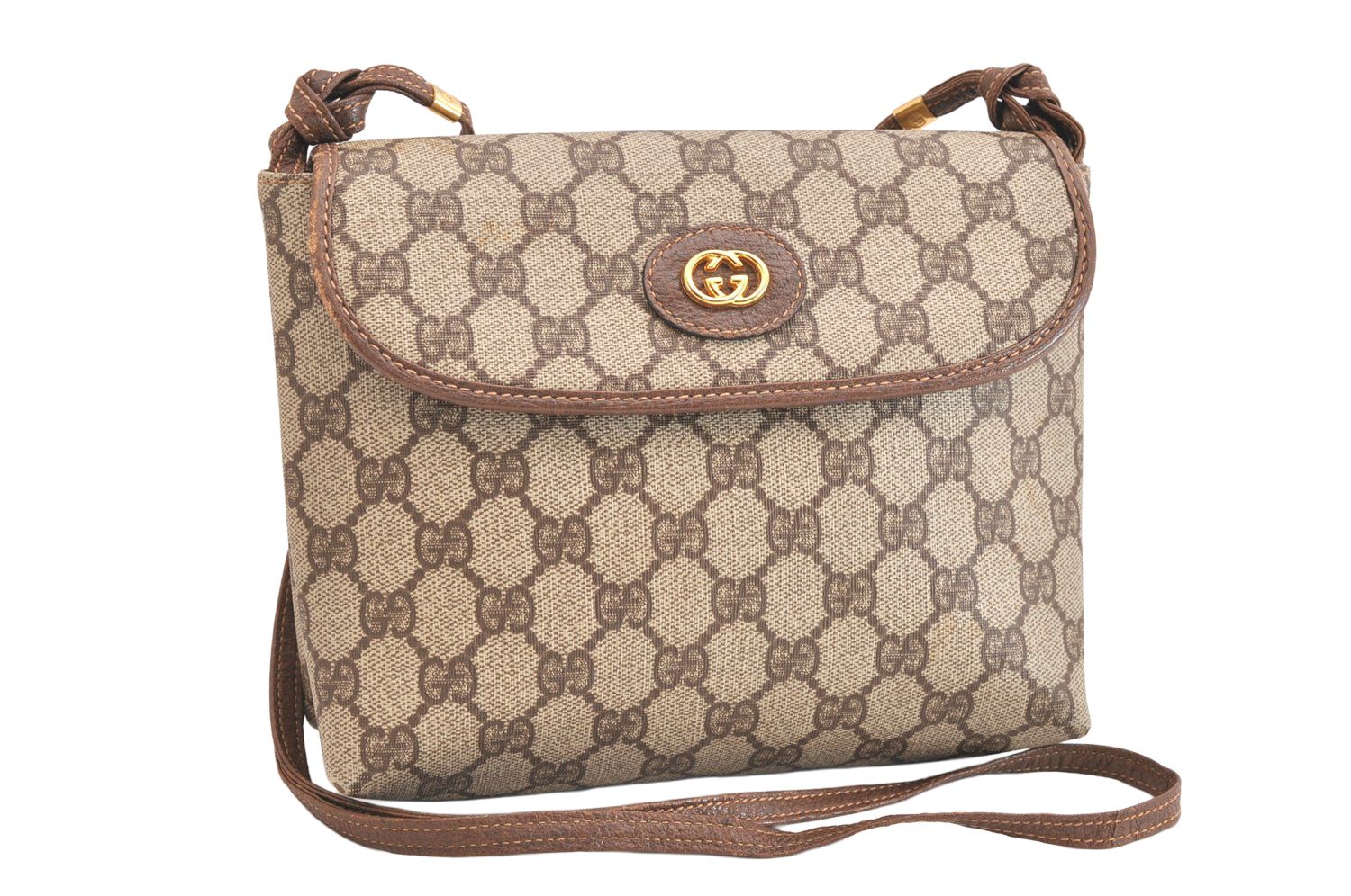 GUCCI グッチ ヴィンテージ ショルダークロスボディーバッグ 財布 GGピーブイシー レザー ブラウン 4096N