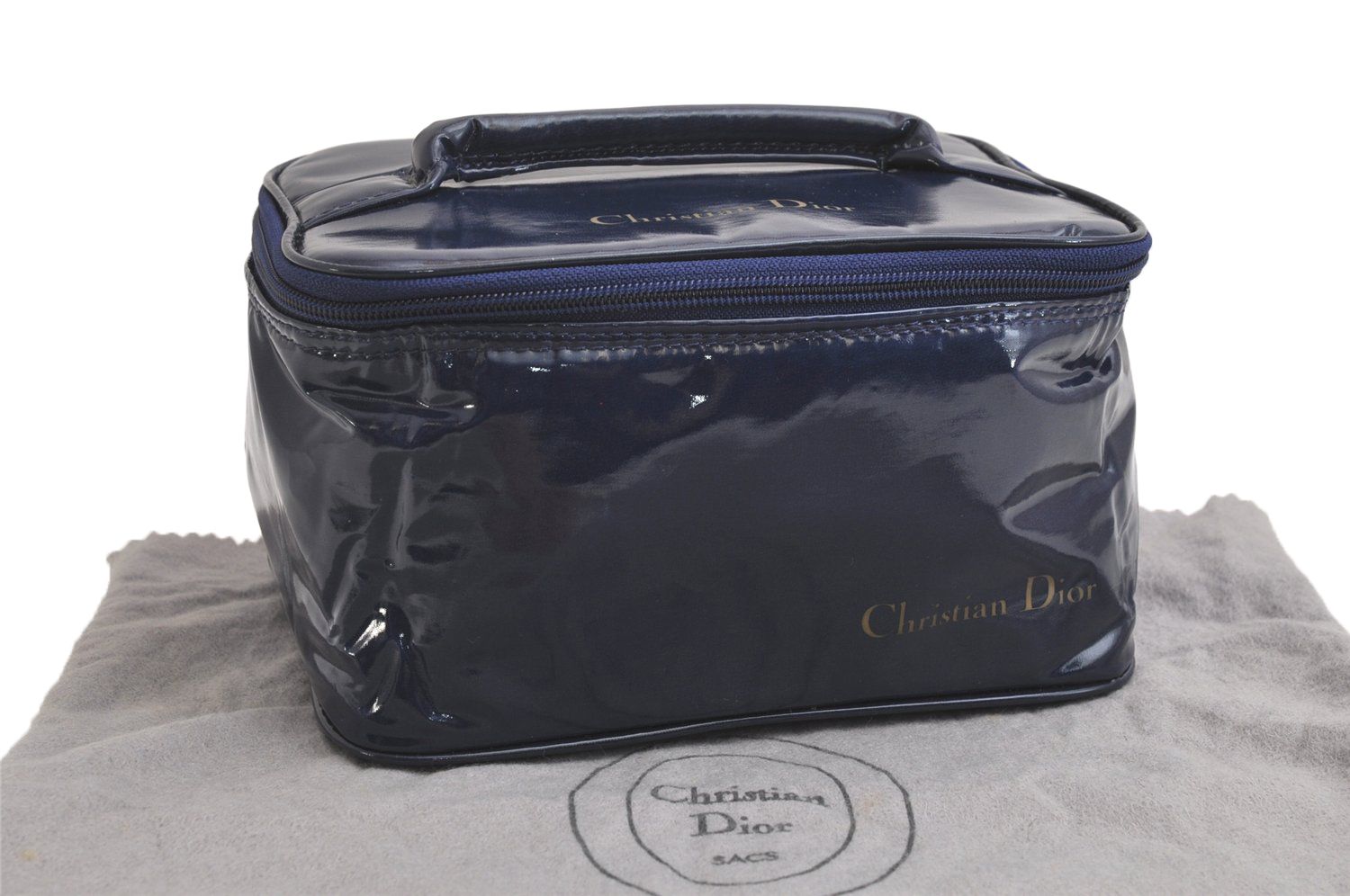 Christian Dior ディオール ヴィンテージ 化粧ハンドバッグ エナメル ネイビーブルー 4100N