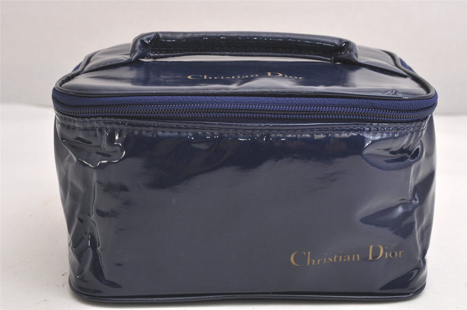 Christian Dior ディオール ヴィンテージ 化粧ハンドバッグ エナメル ネイビーブルー 4100N