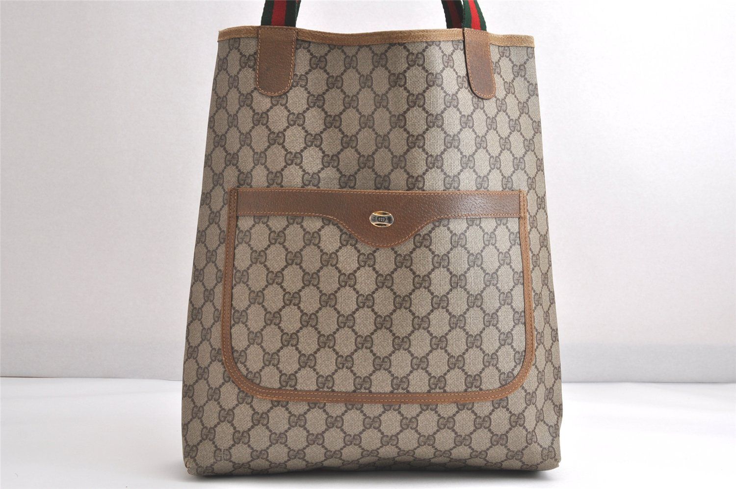 GUCCI グッチ ウェブ シェリーライン ショルダートートバッグ GGピーブイシー レザー ブラウン 4109N
