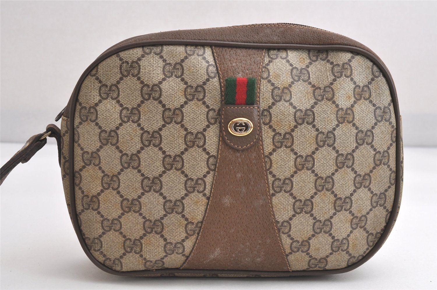 GUCCI グッチ ウェブ シェリーライン クラッチハンドバッグ 財布 GGピーブイシー レザー ブラウン 4116N