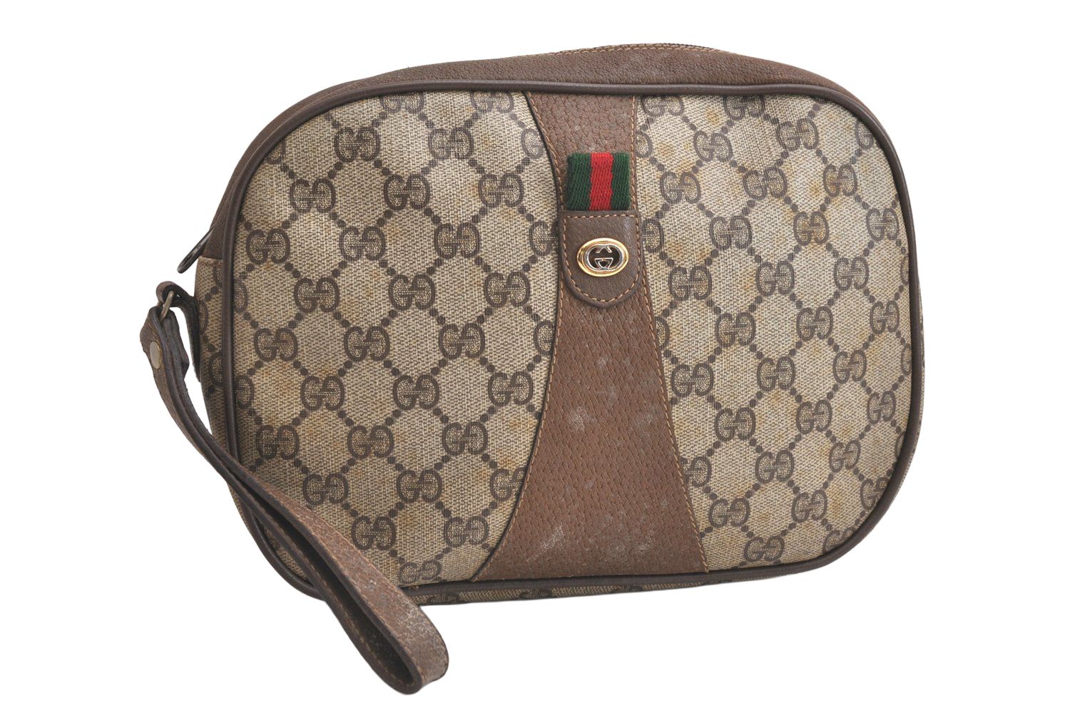 GUCCI グッチ ウェブ シェリーライン クラッチハンドバッグ 財布 GGピーブイシー レザー ブラウン 4116N