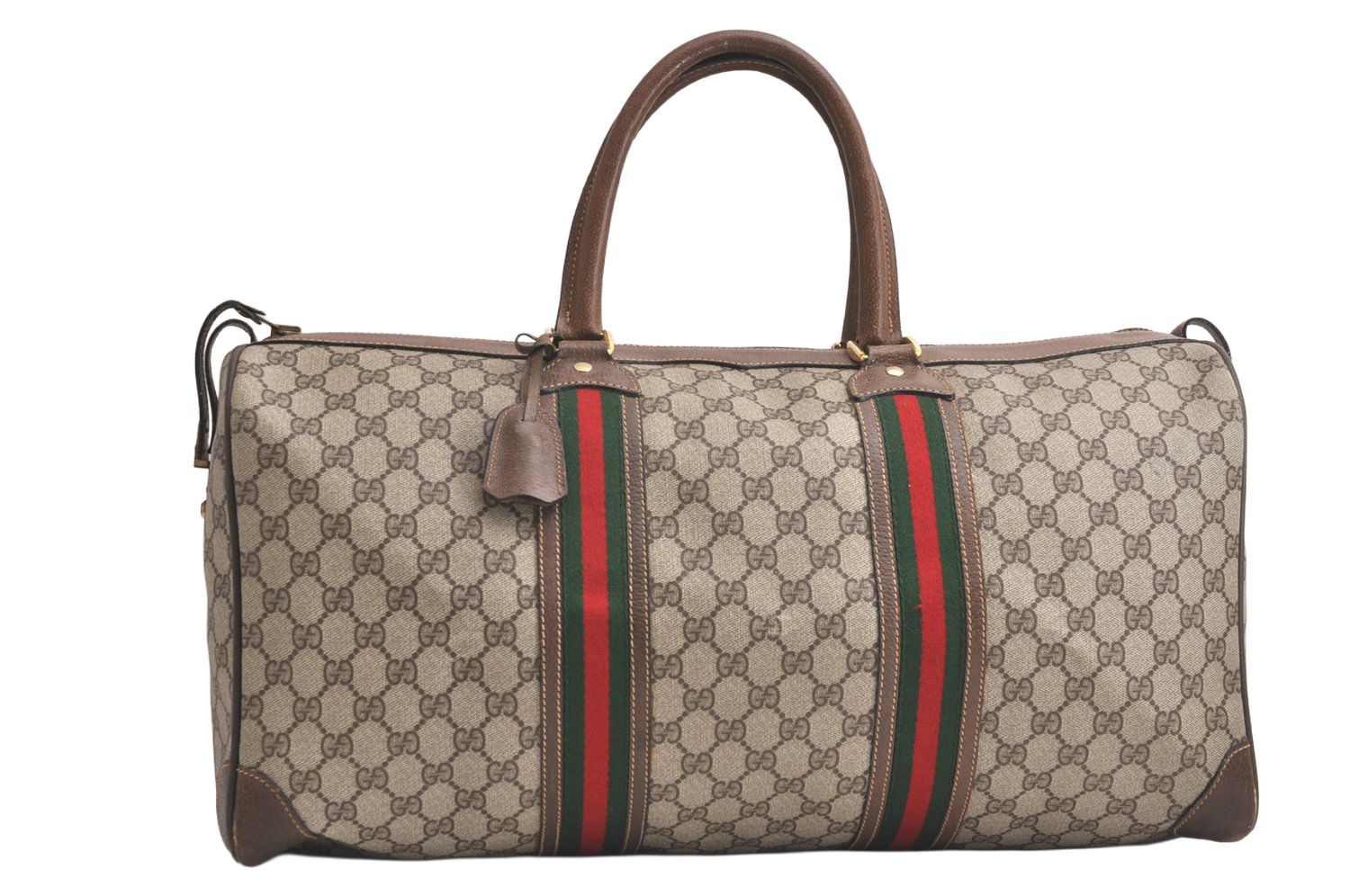 GUCCI グッチ ウェブ シェリーライン トラベルボストンバッグ GGピーブイシー レザー ブラウン 4128N