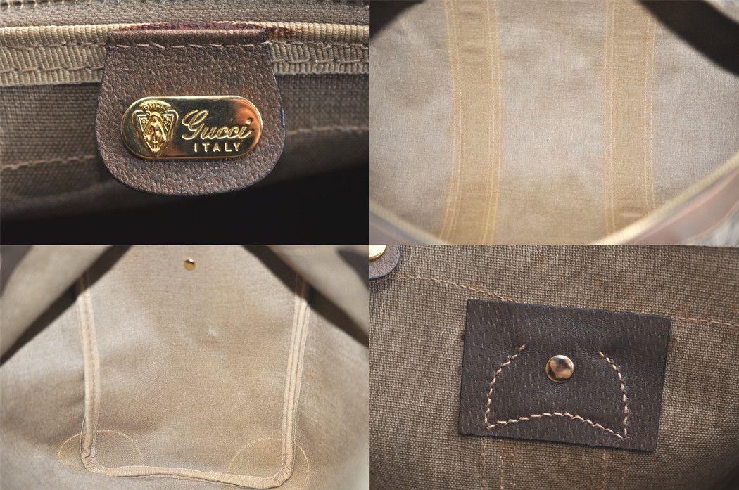 GUCCI グッチ ウェブ シェリーライン トラベルボストンバッグ GGピーブイシー レザー ブラウン 4128N DECORATOM_COM_BR