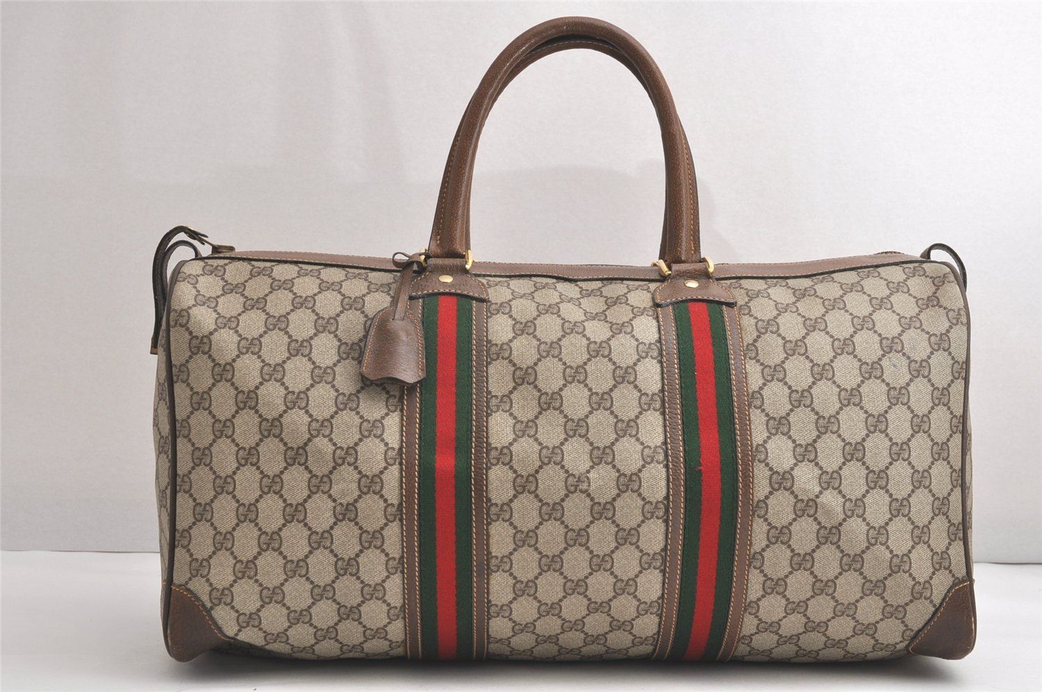 GUCCI グッチ ウェブ シェリーライン トラベルボストンバッグ GGピーブイシー レザー ブラウン 4128N