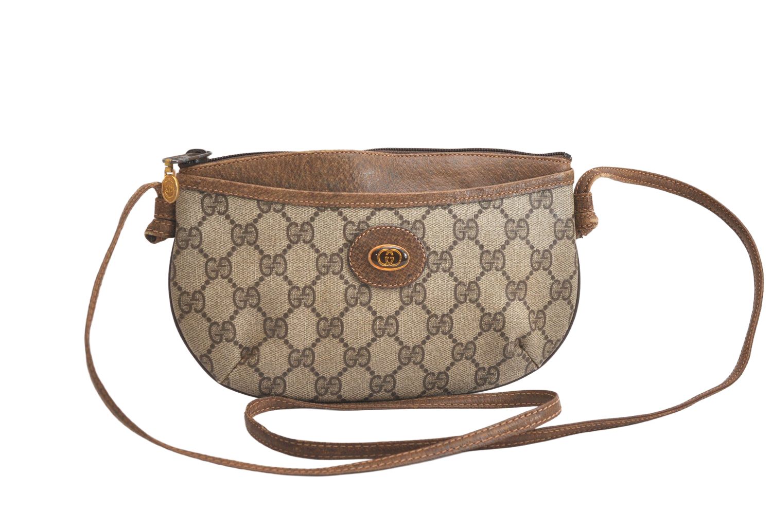 GUCCI グッチ ショルダークロスボディーバッグ 財布 GGピーブイシー レザー ブラウン ジャンク 4135N