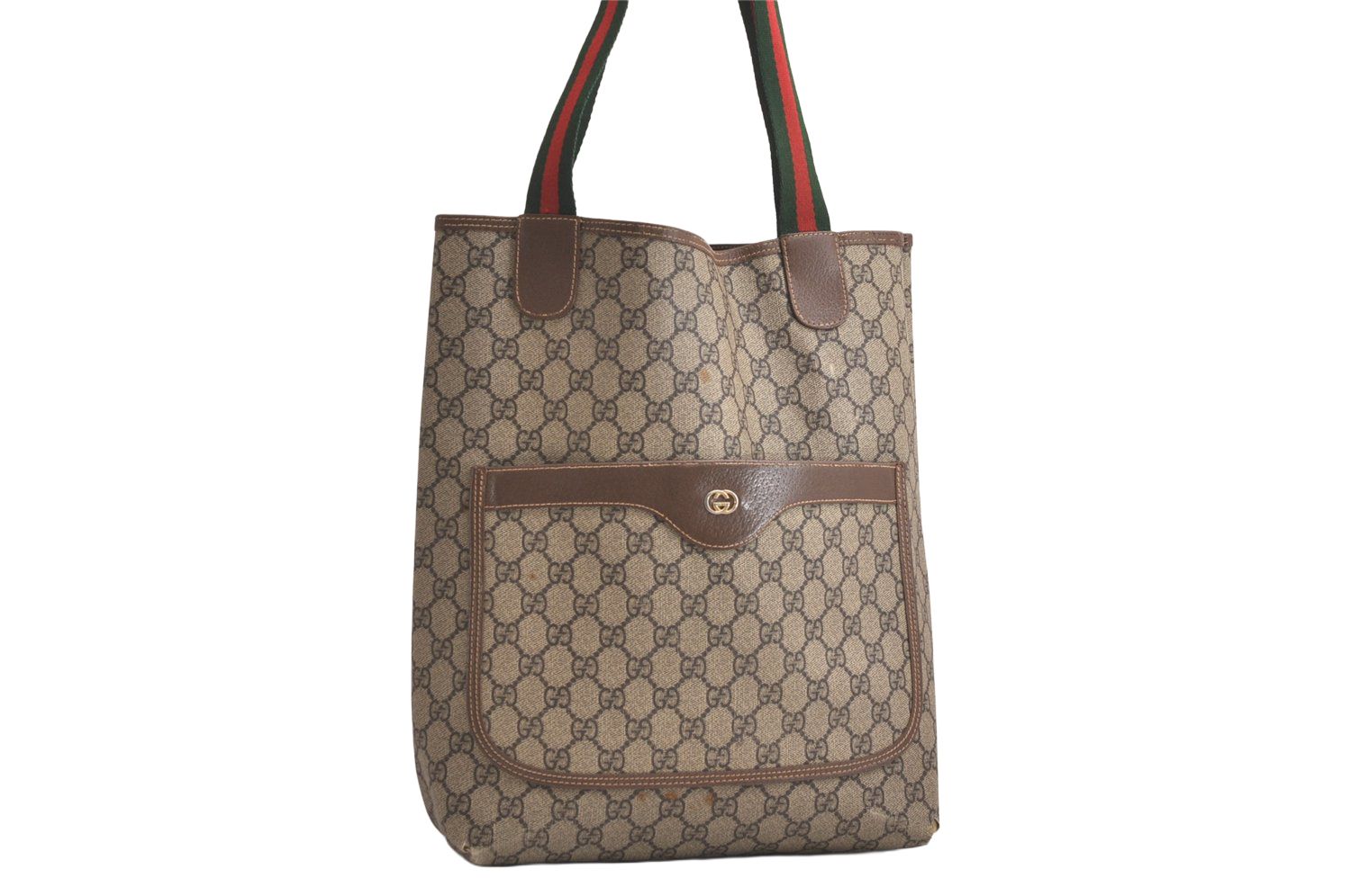 GUCCI グッチ ウェブ シェリーライン ショルダートートバッグ GGピーブイシー レザー ブラウン 4167N
