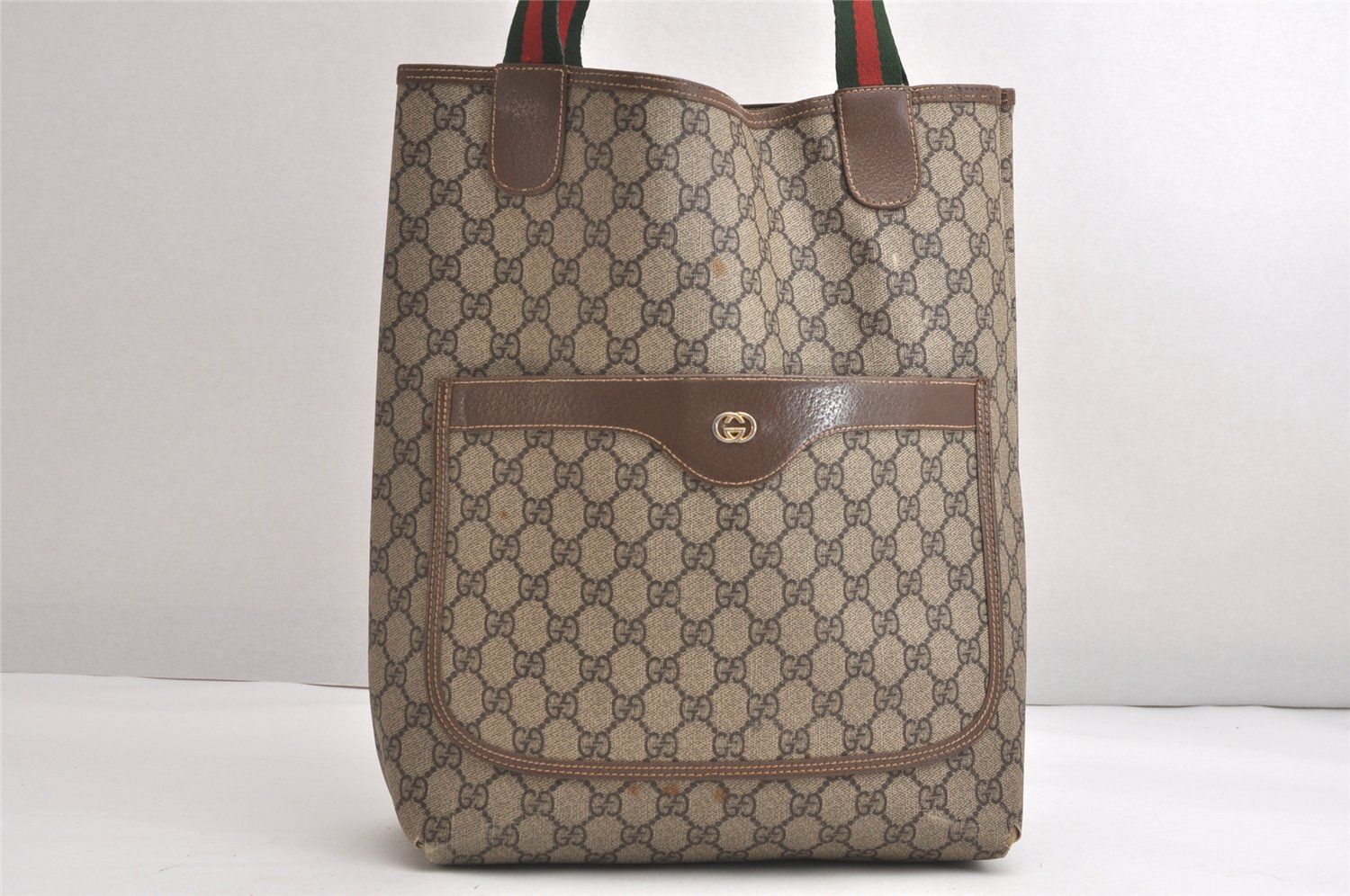 GUCCI グッチ ウェブ シェリーライン ショルダートートバッグ GGピーブイシー レザー ブラウン 4167N