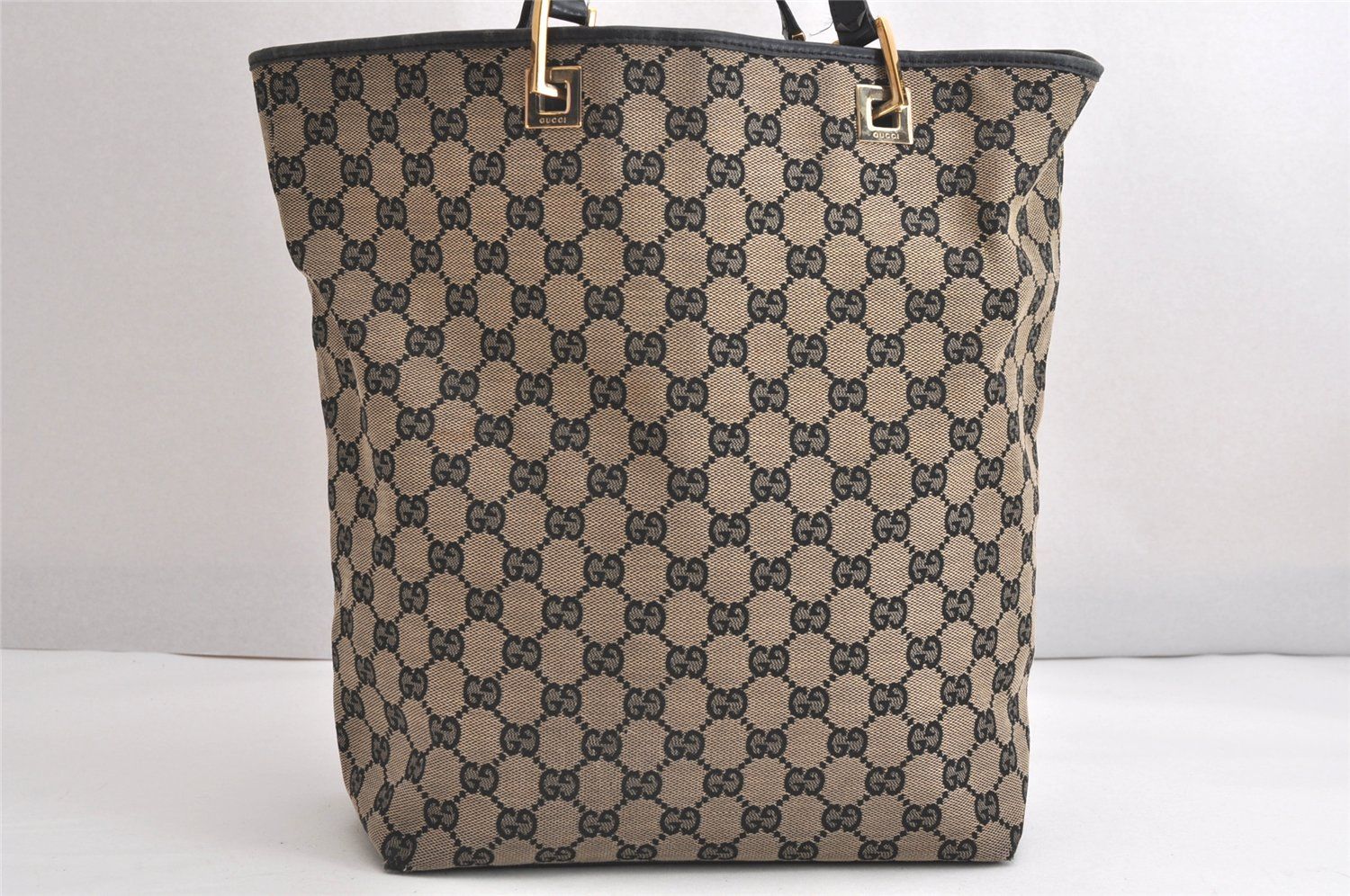 GUCCI グッチ ヴィンテージ トート ハンドバッグ GGキャンバス レザー 0021098 ブラック 4187N