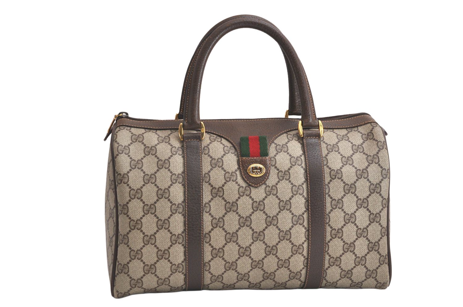 GUCCI グッチ ウェブ シェリーライン ボストンハンドバッグ GGピーブイシー レザー ブラウン 4277N