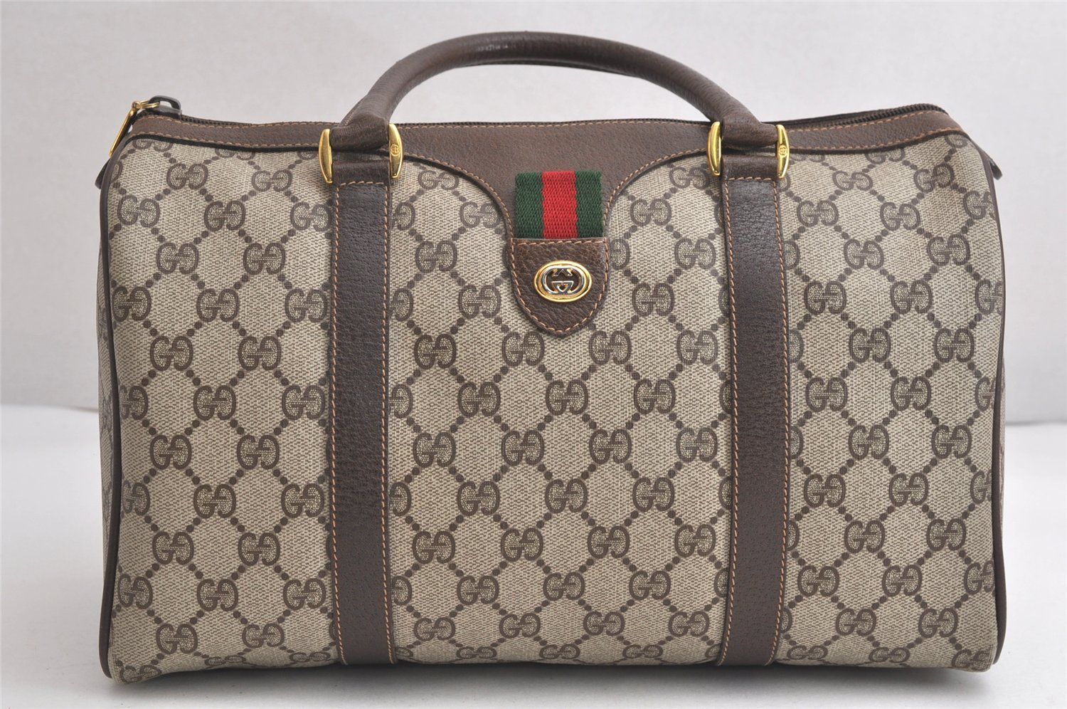 GUCCI グッチ ウェブ シェリーライン ボストンハンドバッグ GGピーブイシー レザー ブラウン 4277N