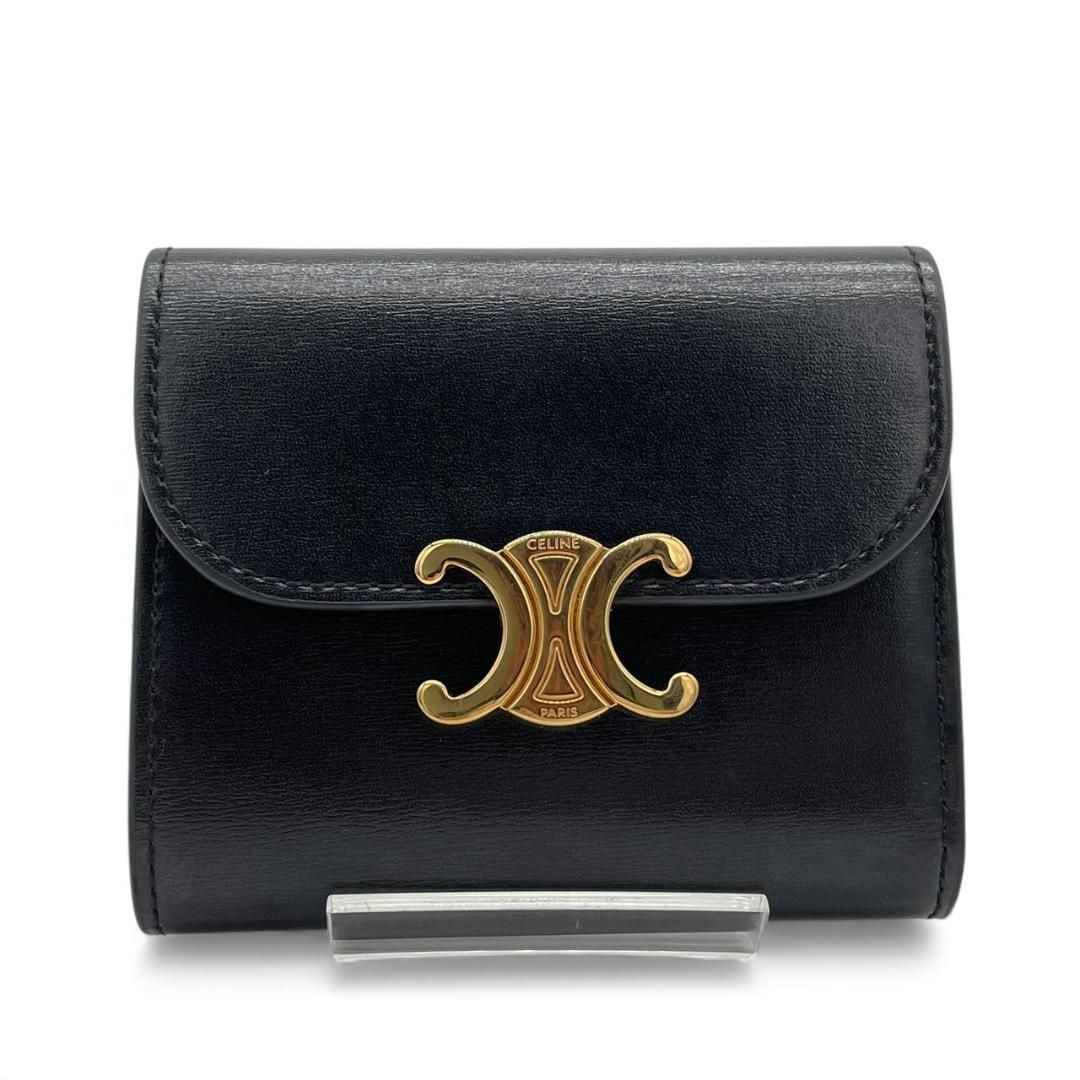 ♥ セリーヌ CELINE シャイニーカーフ トリオンフ スモールフラップウォレット ブラック 二つ折り財布 ゴールド金具 メンズ レディース