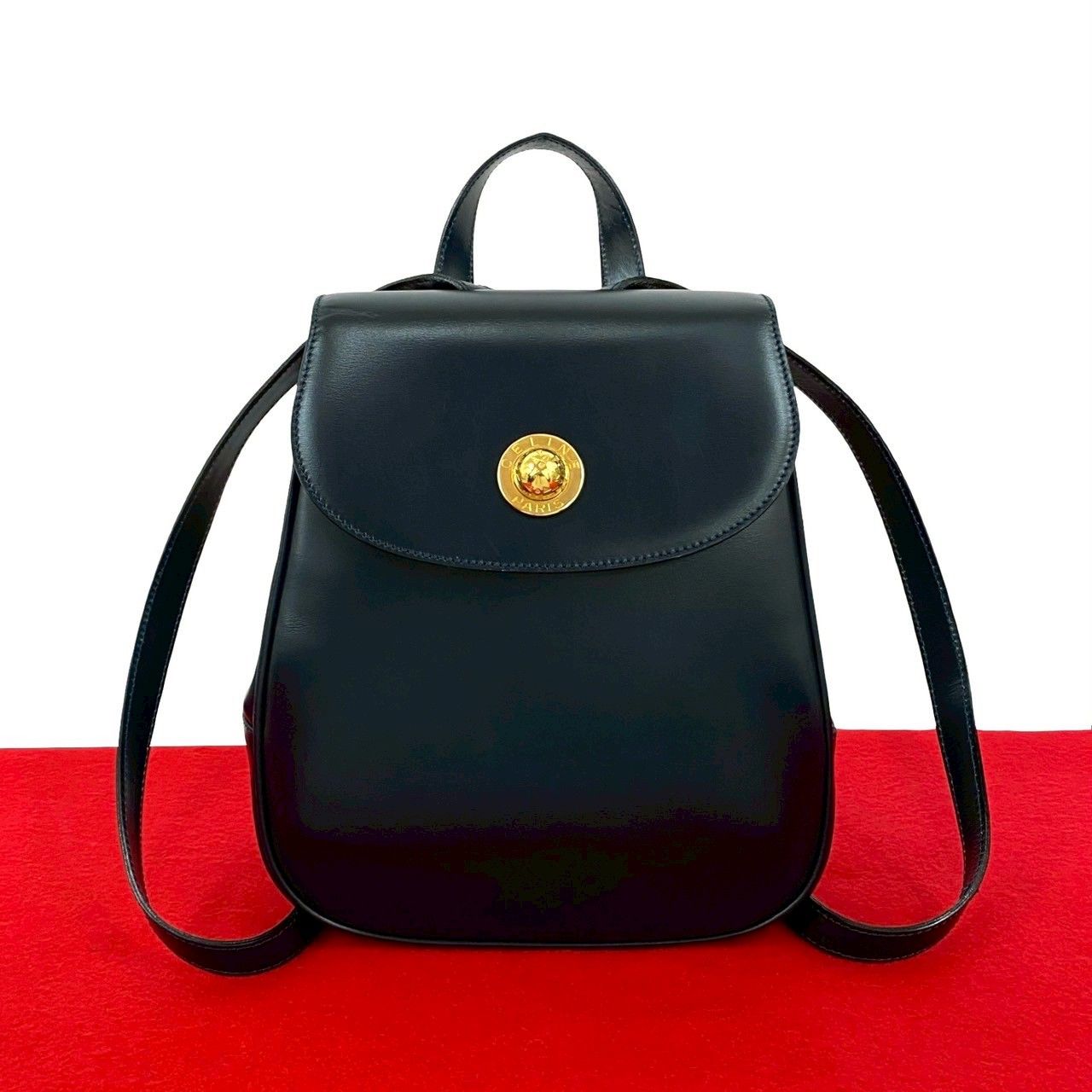 極 美品 セリーヌ スターボール ロゴ カーフレザー ハンドバッグ ネイビー 極 美品 CELINE セリーヌ ヴィンテージ ロゴ スターボール 金具 カーフ