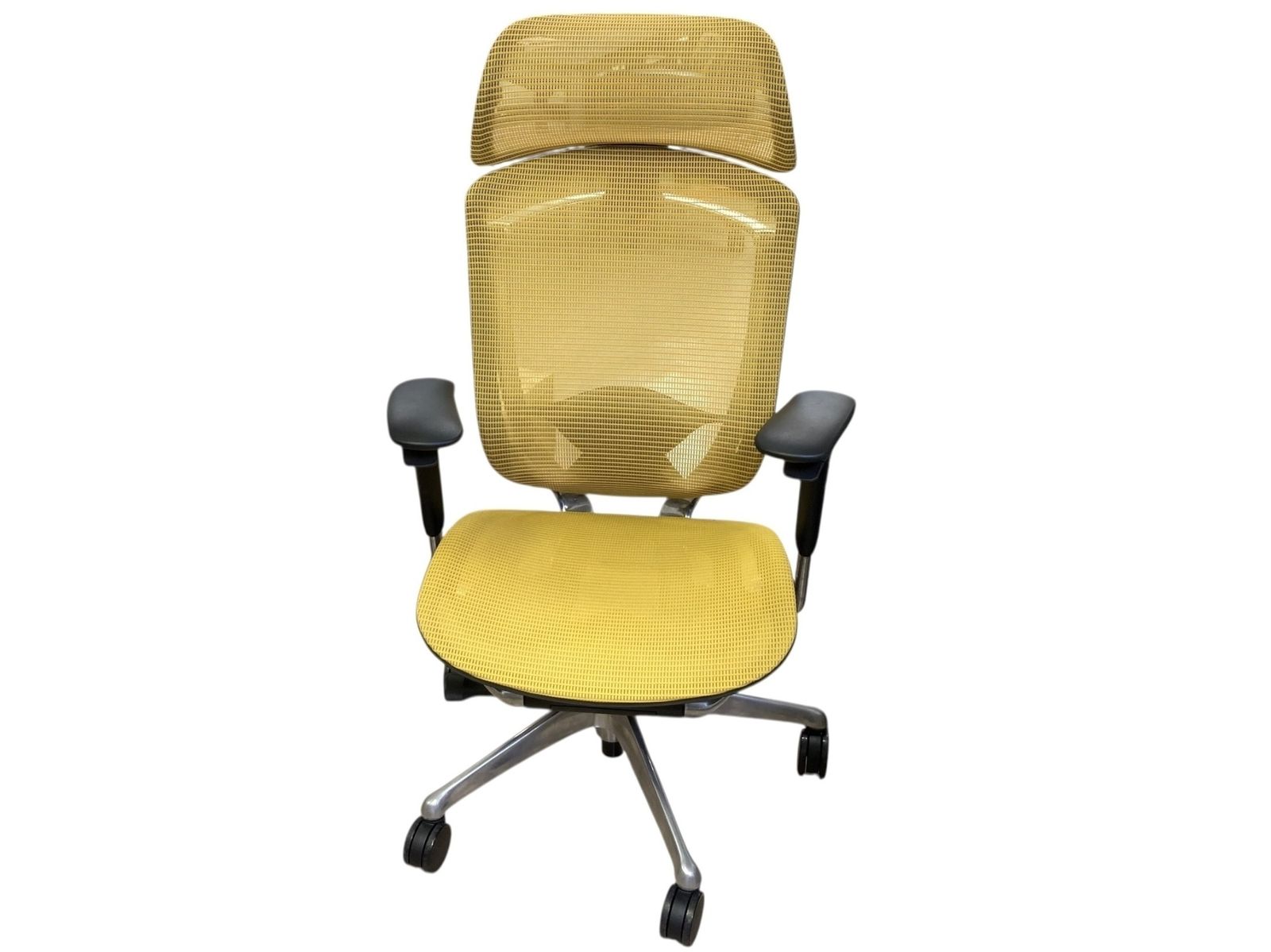 ◎オカムラ コンテッサ CC85BS FPH9 イエロー メッシュチェア ヘッドレスト付 アジャスタブルアーム オフィスチェア