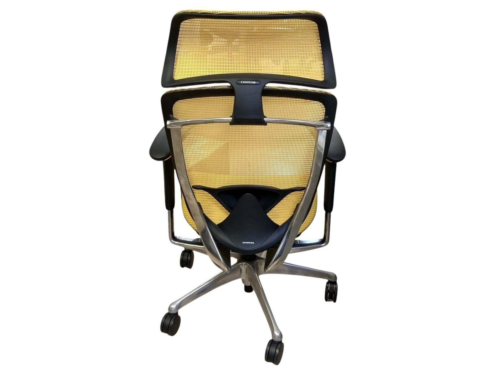 ◎オカムラ コンテッサ CC85BS FPH9 イエロー メッシュチェア ヘッドレスト付 アジャスタブルアーム オフィスチェア