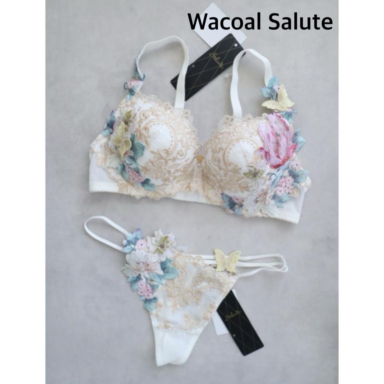 店舗 品 製 Wacoal Salute ワコールサルート 19G おやゆび姫 日本製 ブラ&ソング Tバックショーツ D75|M 送料込み 6460086