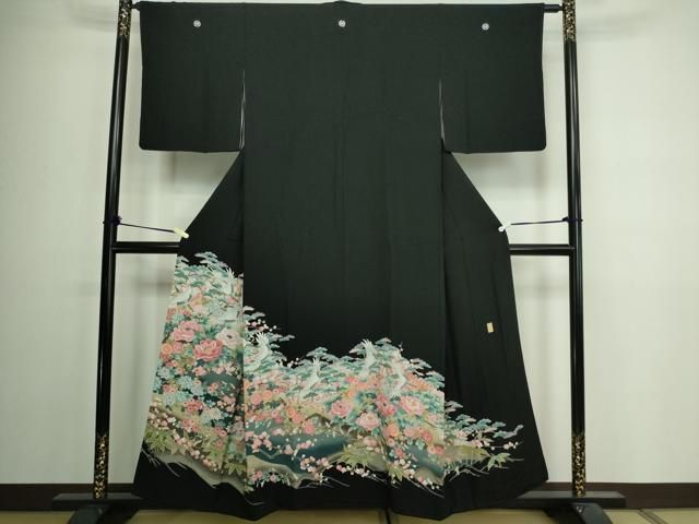 平和屋着物□豪華黒留袖 友禅 作家物 飛鶴花文 松竹梅 金彩 正絹 逸品
